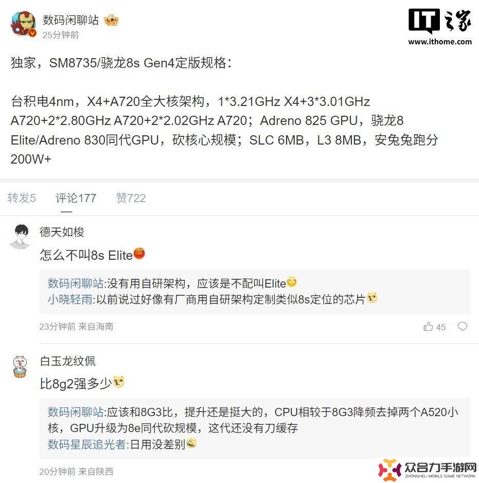 高通骁龙8s Gen 4规格曝光：X4+A720全大核，性能如何？